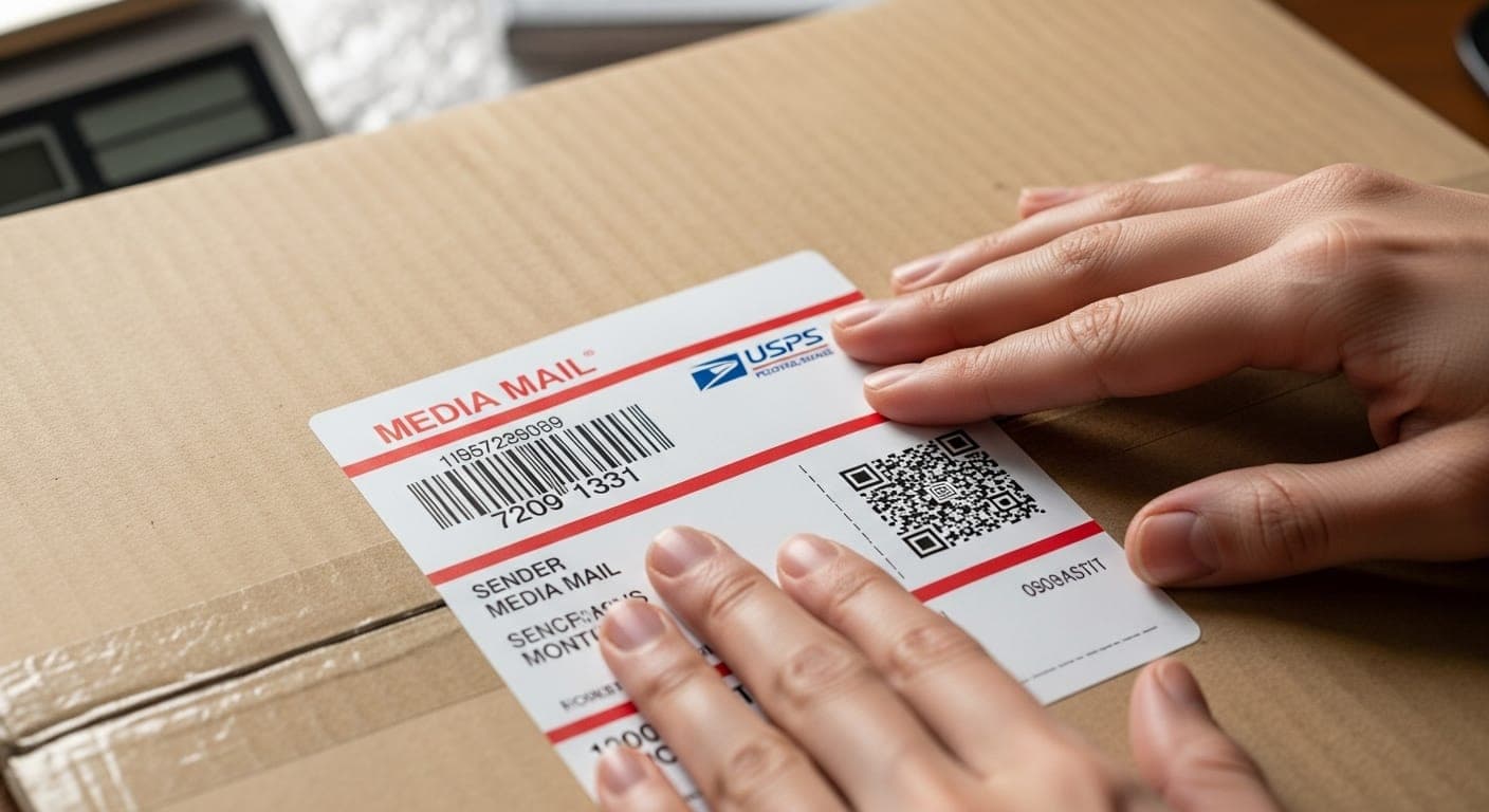 USPS Media Mail label being applied to a vinyl record package